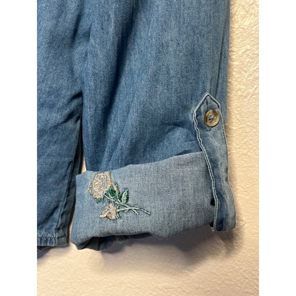 VTG Harper Heritage Women XL Denim Shirt Yellow Rose Embroidery Asymmetrical Hem - Picture 15 of 16
